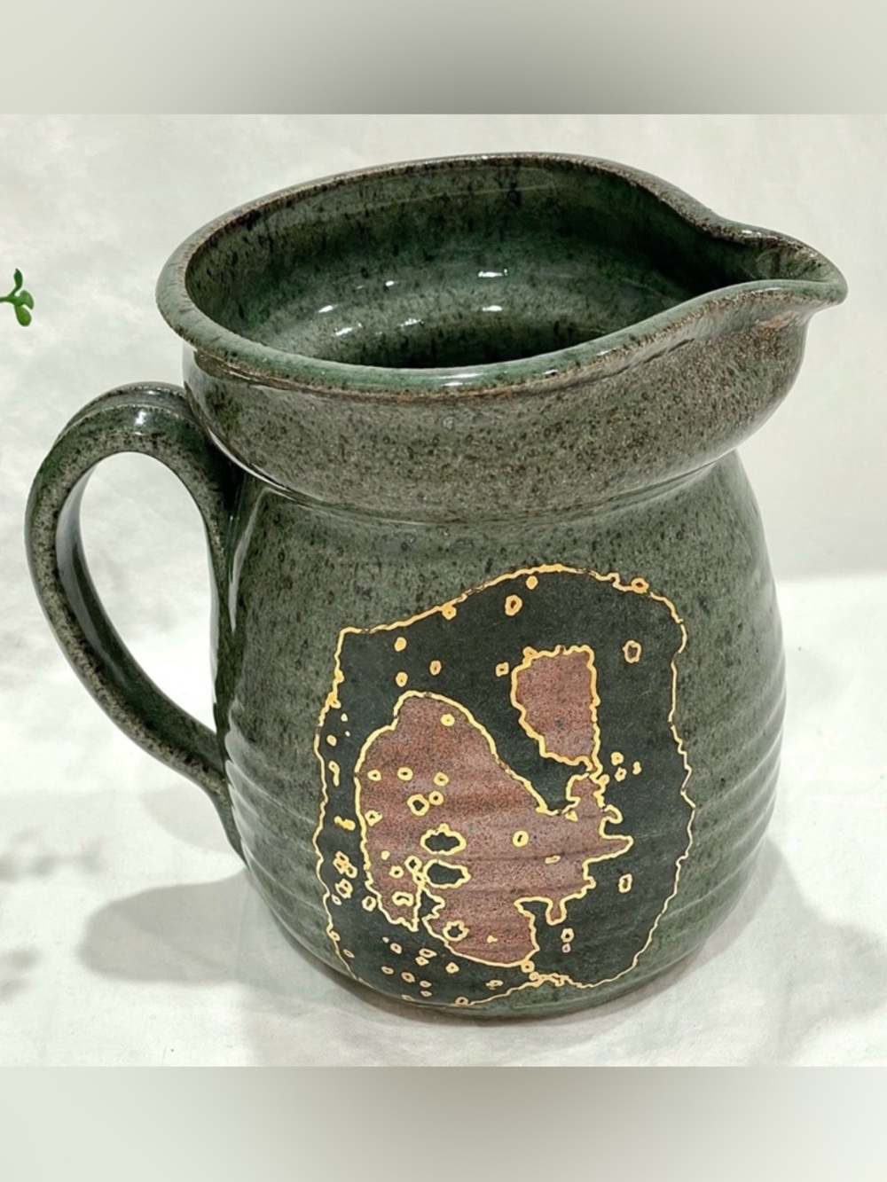 Hand Crafted Artisan Thrown Green Ceramic Pitcher with Gold & Brown Motif | EUC